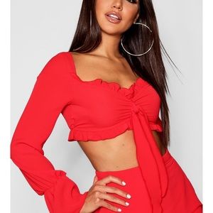Boohoo Long sleeve tie front + ruffle short set